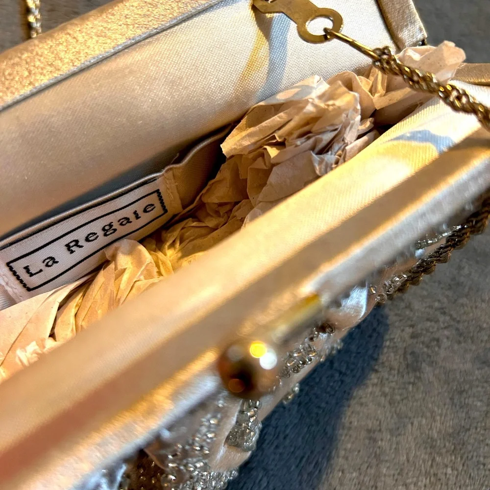 New Silver Beaded La Regale Satin Handbag - Picture 3 of 3